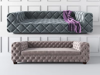 Elegant Tufted Two Seater Sofa In Grey Velvet With Purple Throw Blanket 3d model