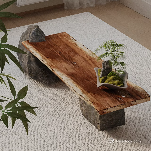 Natural Style Wooden Bench With Stone Legs And Green Plants On Carpet 3d model 