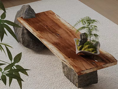 Natural Style Wooden Bench With Stone Legs And Green Plants On Carpet 3d model