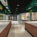Supermarket Fresh Produce Area With Green Ceiling Signs Brick Counters And White Countertops