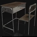 Old Wooden Top Desk With Worn Surface Metal Frame Legs And Matching Vintage Chair