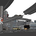 Cartoon Post Apocalyptic Urban Scene Featuring Broken Viaducts Collapsed Buildings Abandoned Vehicles And Dark Sky