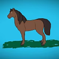 Cartoon Brown Horse Standing On Green Grass With Blue Sky Background