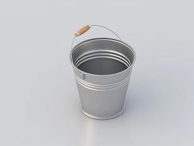 Silver Metal Bucket With Wooden Handle For Household Storage Use 3d model