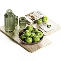 Decorative Ornament Set With Green Glass Vases Cups Wooden Bowl And Fresh Green Apples