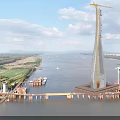 Massive Cable Stayed Bridge Under Construction With Tower Crane Spanning The Wide Calm River
