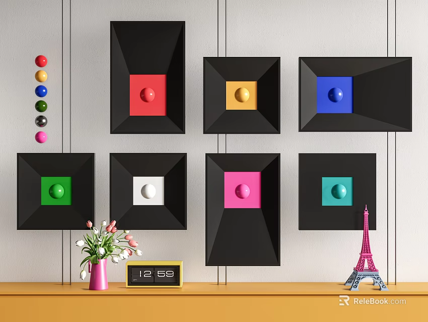 Colorful Circle Abstract Paintings in Black Frames on Wall with Vase Clock Eiffel Tower 3d model