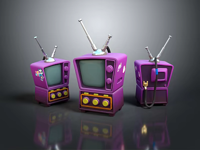 Three Purple Vintage Televisions With Retro Antennas Buttons And Classic Design Electronic Appliances 3d model