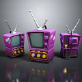 Three Purple Vintage Televisions With Retro Antennas Buttons And Classic Design Electronic Appliances