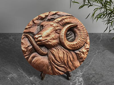 Copper Circular Decorative Ornament Set With Ram Head Carving Stone Texture On Marble Tabletop 3d model