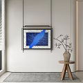 Abstract Painting With Blue White Design Hanging On Wall In Modern Interior Accented With Vase And Small Table