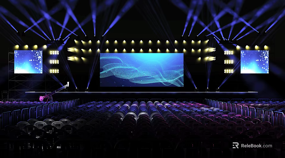 Concert Stage With Blue Lighting Large LED Screen And Audience Seats 3d model 