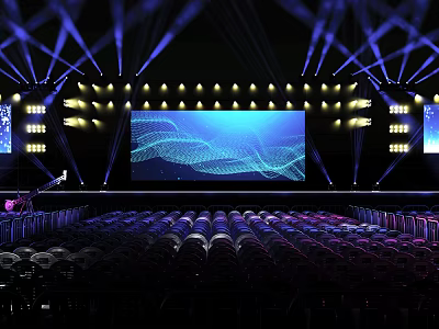 Concert Stage With Blue Lighting Large LED Screen And Audience Seats 3d model