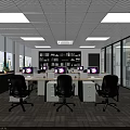 Public Office Space With Desks Computers Black Office Chairs Bookshelves Plants And Large Windows
