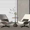 Casual Leisure Seating Set with Two Chairs Round Table Gray Cushions Vase Plants Wooden Floor Stone Wall Window Blinds