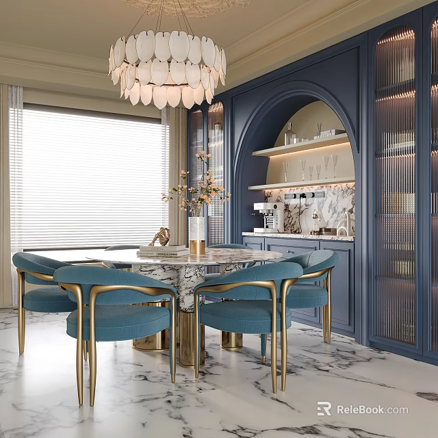 Elegant Restaurant Interior With Dark Blue Walls Arched Niche Marble Table And Blue Gold Chairs 3d model 