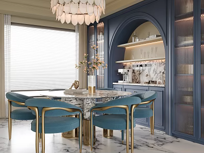 Elegant Restaurant Interior With Dark Blue Walls Arched Niche Marble Table And Blue Gold Chairs 3d model