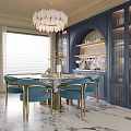 Elegant Restaurant Interior With Dark Blue Walls Arched Niche Marble Table And Blue Gold Chairs
