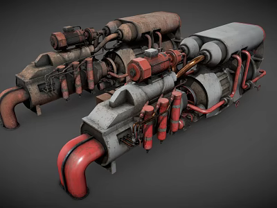 Industrial Mechanical Equipment 3D Model Featuring Cylindrical Parts And Red Gray Pipes 3d model