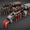 Industrial Mechanical Equipment 3D Model Featuring Cylindrical Parts And Red Gray Pipes