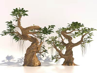 Decorative Arbor Trees With Thick Trunks Twisted Branches And Green Leaves 3d model