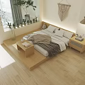 Modern Bedroom Interior With Wooden Flooring Large Bed Windows Green Plants Desk And Storage Cabinet