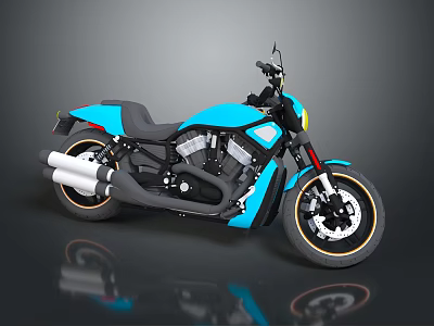 Blue Modern Motorcycle With Black Seat Yellow Rim Wheels And Silver Exhaust Pipes 3d model