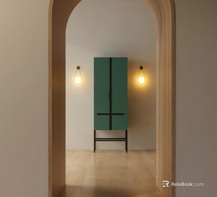 Green Entryway Console Cabinet With Black Lines And Wall Lamps On Light Wall Wooden Floor 3d model 