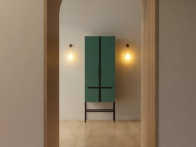 Green Entryway Console Cabinet With Black Lines And Wall Lamps On Light Wall Wooden Floor 3d model