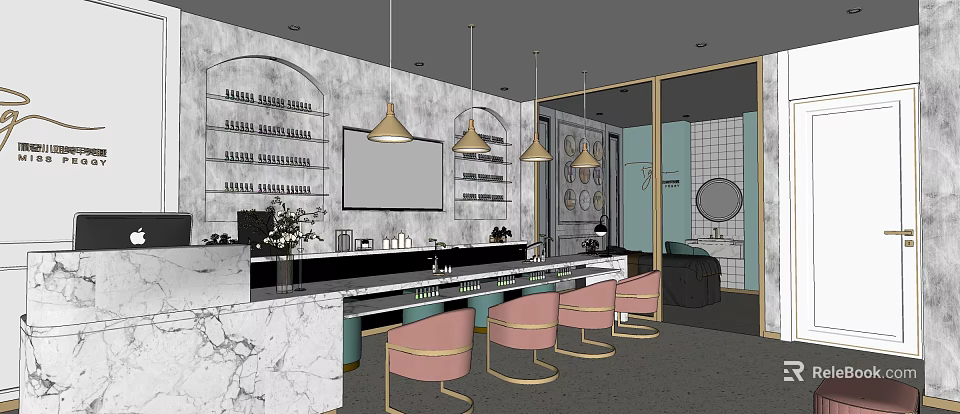 Modern Beauty Hair Salon Interior Design With Marble Counter Pink Chairs And Pendant Lights 3d model 
