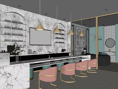 Modern Beauty Hair Salon Interior Design With Marble Counter Pink Chairs And Pendant Lights 3d model