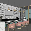 Modern Beauty Hair Salon Interior Design With Marble Counter Pink Chairs And Pendant Lights