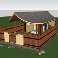 Traditional Wooden Guesthouse with Sloped Tile Roof Fence and Stone Paved Courtyard on Green Lawn