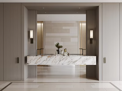 Modern Washbasin With Marble Countertop Double Faucets Plant Decoration And Wall Sconces 3d model
