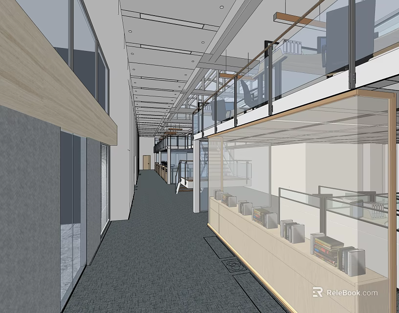 Modern Office Corridor Design With Glass Railings Display Cabinets And Grey Carpet 3d model 