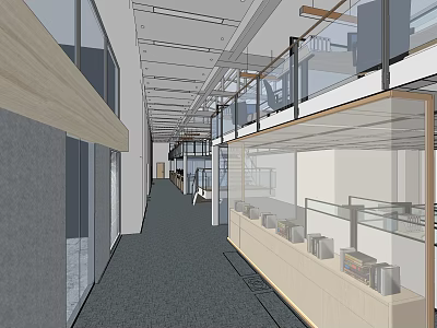 Modern Office Corridor Design With Glass Railings Display Cabinets And Grey Carpet 3d model