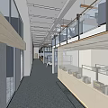 Modern Office Corridor Design With Glass Railings Display Cabinets And Grey Carpet