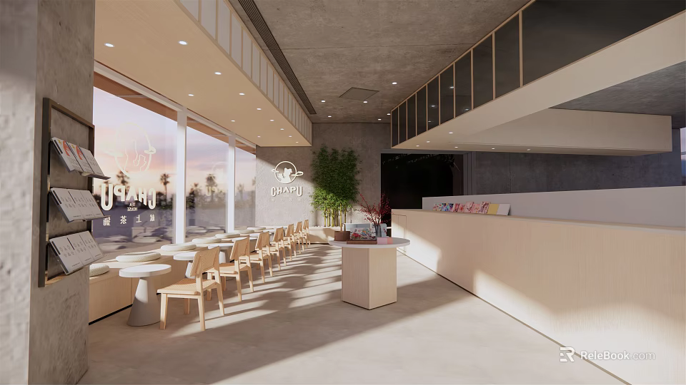 Modern Milk Tea Shop Interior Design With Wooden Tables Chairs Bar Counter Green Plants 3d model 