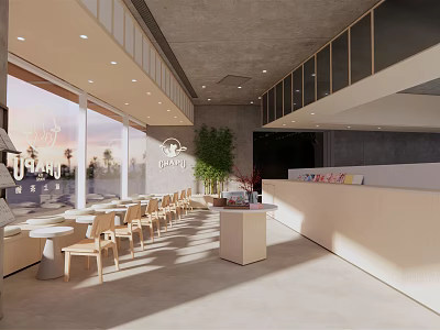 Modern Milk Tea Shop Interior Design With Wooden Tables Chairs Bar Counter Green Plants 3d model