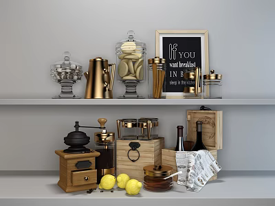 Elegant Gold And Wooden Kitchenware With Grinders Jars Lemons And Wine Bottles On Shelves 3d model