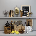 Elegant Gold And Wooden Kitchenware With Grinders Jars Lemons And Wine Bottles On Shelves