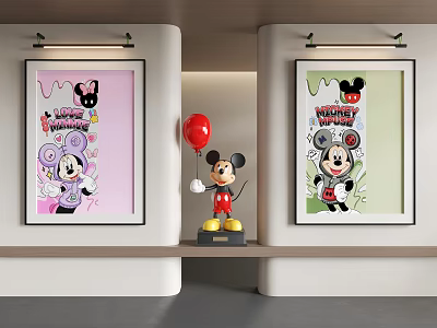 Abstract Painting Featuring Minnie And Mickey Mouse With Statue And Red Balloon Wall Decor 3d model