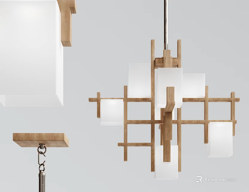 Modern Wooden Frame Chandelier With White Shades And Crossed Design For Contemporary Interior Spaces 3d model 