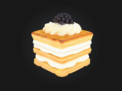 Flaky Layered Pastry Dessert with Whipped Cream and Fresh Blackberries on Top 3d model