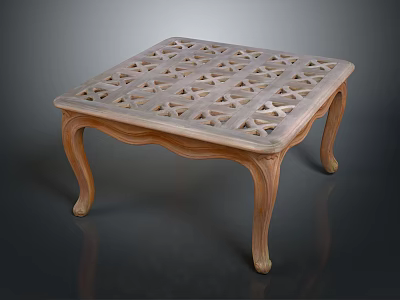 Elegant Wooden Coffee Table With Square Carved Lattice Top And Curved Legs 3d model