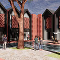 Modern Red Brick Architecture With Gabled Windows Courtyard Pool And People Gathering