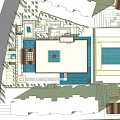 Urban Modern Post Station with High Rise Buildings Landscaped Greenery and Water Features