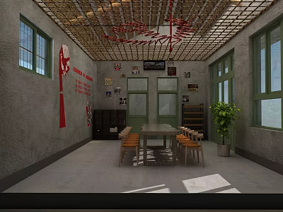 Rustic Meeting Room With Gray Walls Wooden Table Chairs Red Ceiling Decor And Potted Plant 3d model