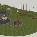 Outdoor Sports Equipment Featuring Circular Rotating Structures And Pole Seating Areas