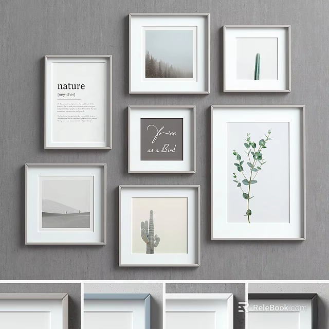 White Photo Frames with Cactus Eucalyptus Prints and Typography on Gray Wall 3d model